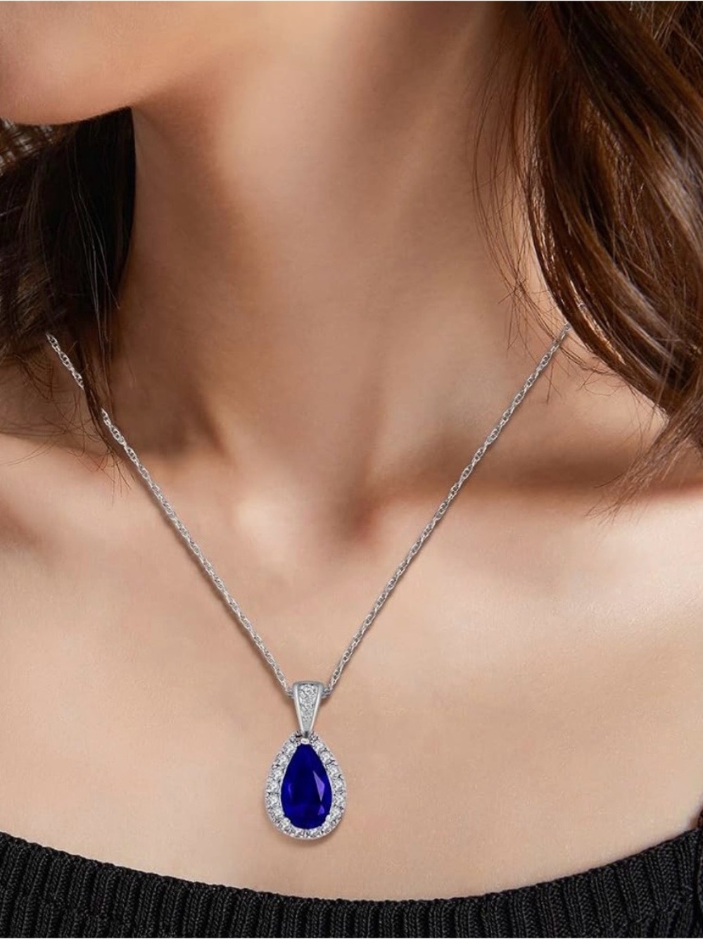 Silver Teardrop Blue Crystal Pendant Necklace